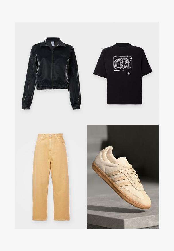Zwarte glanzende zip-up trainingsjack met elastische mouwen en zoom, met subtiele drie-strepen details op de mouwen en een tonale logo op de borst.; Zwarte T-shirt van katoen met korte mouwen. Voorzien van een witte spinnenwebgrafiek en logo op de voorkant. Eenvoudige ronde halslijn.; Carhartt WIP BRANDON PANT - Relaxed fit jeans - bourbon; Lichtbeige suède sneaker met een gumrubberen buitenzool, drie diagonale strepen en een textuur op de neus. Voorzien van een logo op de tong en de zijkant.