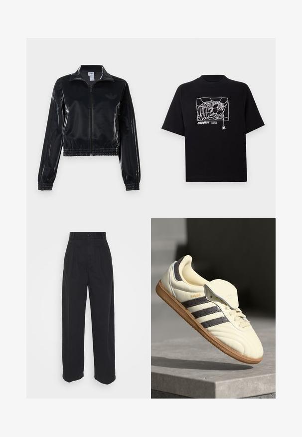 Fekete, fényes, cipzáras sportdzseki elasztikus mandzsettával és aljjal, a mára árnyalatú háromcsíkozás a ujjakon és egy tónusbeli logó a mellkason.; Fekete pamut póló rövid ujjakkal. Elülső részén fehér pókhálós grafika és logó található. Egyszerű, kerek nyakú.; Fekete, bő szárú pamut nadrág sima textúrával, elülső gombos záródással és két oldalsó zsebbel.; Krém bőr sportcipő három sötét csíkkal, barna gumitalppal és lekerekített orral. Jellemzője a hajtogatható nyelv, amelyen "SAMBA" felirat található.