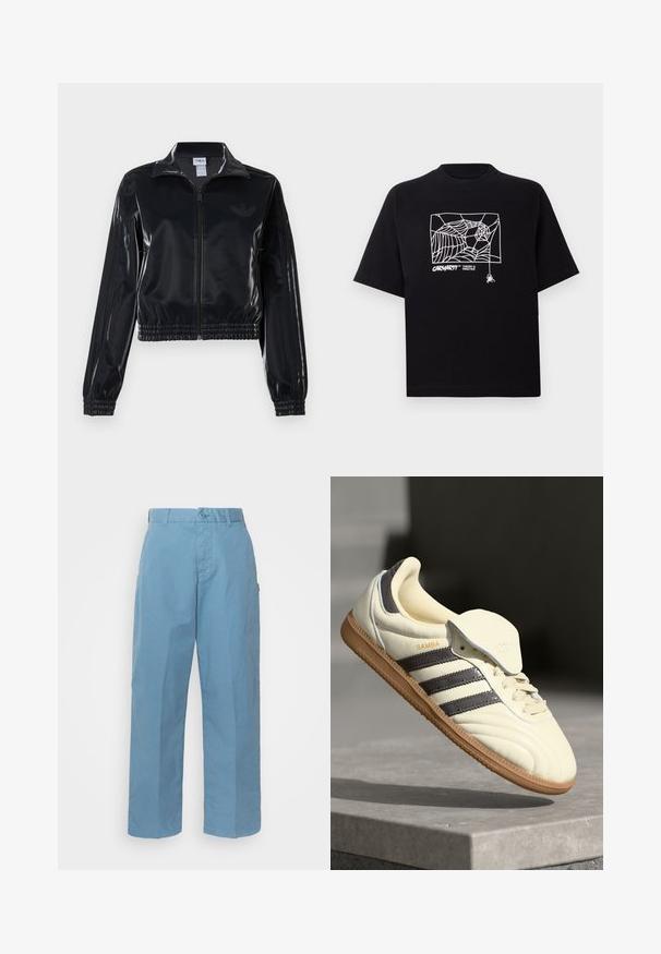 Veste de survêtement noire brillante à fermeture éclair, avec des poignets et un ourlet élastiques, arborant de subtils détails à trois rayures sur les manches et un logo ton sur ton sur le torse.; T-shirt noir en coton à manches courtes. Présente un graphisme de toile d'araignée blanche et un logo à l'avant. Encolure ronde simple.; Pantalon en coton bleu clair avec une coupe droite, doté d'une fermeture à bouton, de passants de ceinture et d'une texture subtile.; Baskets en cuir crème avec trois bandes sombres, une semelle extérieure en gomme marron et un bout arrondi. Présentent une languette pliable étiquetée "SAMBA."