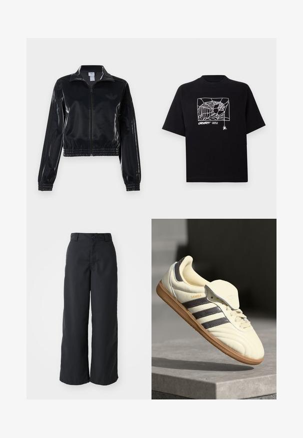 Must tume läikiv tõmblukuga spordijakk elastsete ääriste ja hemiga, millel on varrukatel peened kolmerealised detailid ja toon-on-tone logo rinnal.; Mustmust särgis, millel on lühikesed varrukad. Esipaneelil on valge ämblikuvõrgu graafika ja logo. Lihtne ümmargune kaelus.; Mustad laiad püksid, mis on valmistatud siledast kangast, nuppudega kinnituse ja küljetaskutega, puhta lõike ja vormitud siluetiga.; Kreem värvi nahast tennisetossid, millel on kolm tumedat triipu, pruun kummi tald ja ümardatud varvas. Omab volditavat keelt, millel on sildil "SAMBA."