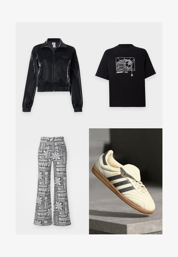 Črna sijajna zip-up trenirka z elastičnimi manšetami in robom, z diskretnimi tridelnimi detajli na rokavih in toniranim logotipom na prsih.; Črn T-majica iz bombaža s kratkimi rokavi. Na sprednji strani ima belo grafiko pajkove mreže in logo. Preprost okrogli izrez.; Črno-bele široke hlače z geometrijskim cvetličnim vzorcem. Narejene so iz lahkotnega blaga z gladko teksturo.; Kremne usnjene superge s tremi temnimi črtami, rjavim gumjastim podplatom in zaobljenim nosom. Imajo zložljiv jezik z oznako "SAMBA."