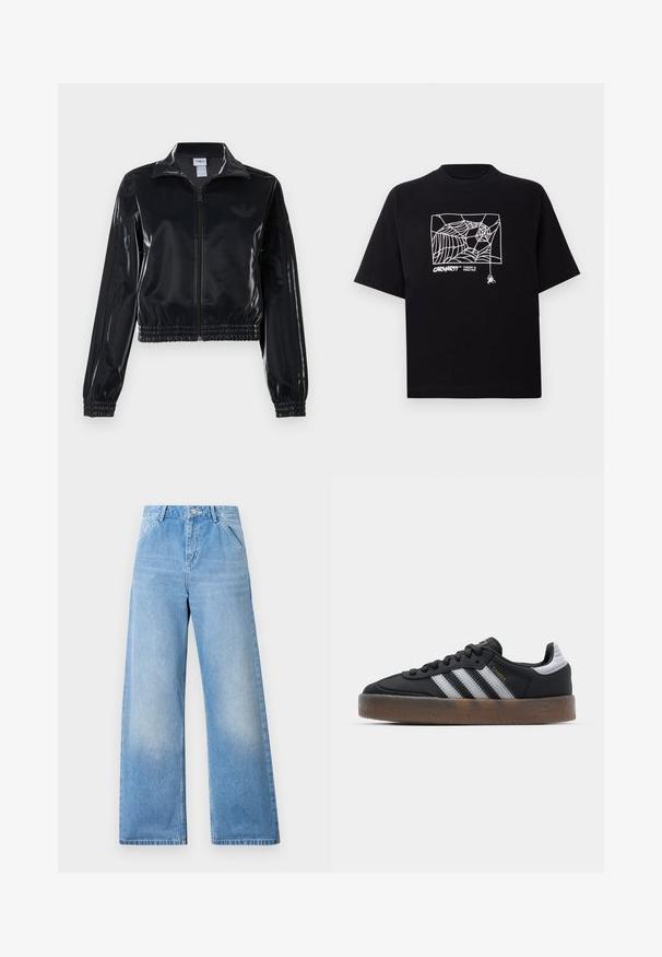 Juodas blizgus zip-up sportinis švarkas su elastinėmis rankovėmis ir apatine dalimi, su subtiliais trimis juostomis ant rankovių ir toniniu logotipu krūtinėje.; Juodas medvilnės marškinėliai su trumpomis rankovėmis. Priekyje yra balta voratinklio grafika ir logotipas. Paprastas apvalus iškarpymas.; Svetlų mėlynų džinsų plačios kojos su aukštu juosmeniu, turinčių dvi priekinės kišenes ir mygtukų užsegimą. Švarus apdailos efektas su minimaliu blukimu.; Juodi sportbačiai su elegantišku dizainu, turintys tris baltas juosteles, juodą liežuvėlį ir tekstūruotą rudą gumos padas. Auksinės rašybos akcentai.