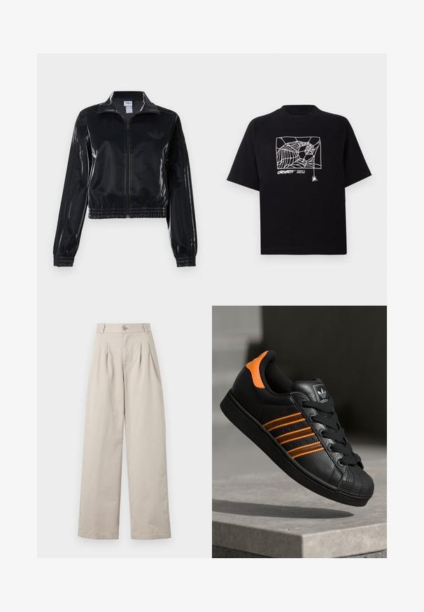 Čierna lesklá zipsová športová bunda s elastickými manžetami a spodným lemom, ktorá má jemné trojpruhové detaily na rukávoch a tonálny logotyp na hrudi.; Čierne tričko z bavlny s krátkymi rukávmi. Na prednej strane má biely grafický motív pavučiny a logo. Jednoduchý zaoblený výstrih.; Béžové široké nohavice vyrobené z bavlny, s prednými sklady, zapínaním na gombík, pútkami na opasok a hladkou textúrou.; Čierne tenisky s oranžovými akcentami, tromi horizontálnymi pruhmi, textúrovaným koženým zvrškom, gumovým ochranným vankúšikom na prstoch a čiernymi šnúrkami.