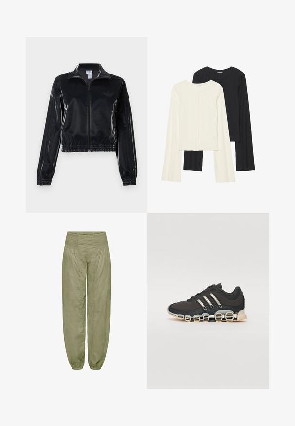 Crna sjajna sportska jakna sa zatvaračem, elastičnim manžetama i donjim rubom, s diskretnim trostrukim detaljima na rukavima i toniranim logotipom na prsima.; Set od dvije duge majice s dugim rukavima u bijeloj i crnoj boji. Rebrasta tekstura, okrugli izrez, uski kroj s blago raširenim rukavima.; Svijetlo maslinasto zelene, široke hlače s elastičnim pojasom i elastičnim manžetama; izrađene su od mekanog, teksturiranog materijala.; Crne atletske tenisice s teksturiranim gornjim dijelom, tri srebrne pruge i posebnim potplatom s višestrukim integriranim sekcijama.