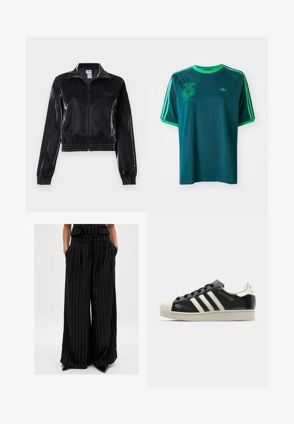 Zwarte glanzende zip-up trainingsjack met elastische mouwen en zoom, met subtiele drie-strepen details op de mouwen en een tonale logo op de borst.; Turquoise katoenen t-shirt met groene accenten, voorzien van een ronde hals, raglanmouwen en een gedrukt Adidas-logo op de borst en mouw.; Zwarte wijde broek gemaakt van een gladde stof met verticale strepen. Heeft een ceintuur in de taille en zijzakken.; Zwarte leren sneaker met witte strepen, rubberen teenbescherming, zwarte veters en een crèmekleurige loopzool. Glad oppervlak met een glanzende afwerking.