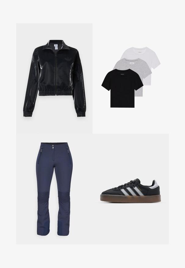 Fekete, fényes, cipzáras sportdzseki elasztikus mandzsettával és aljjal, a mára árnyalatú háromcsíkozás a ujjakon és egy tónusbeli logó a mellkason.; Három rövidujjú póló készlet fekete, szürke és fehér színben. Pamutból készült, kerek nyakú, egyszerű, egyszínű dizájnnal.; Tengerészkék sínadrág, rugalmas anyagból, bordázott részletekkel a térdnél, két cipzáras oldalsó zsebbel és gombos záródással a derekán.; Fekete sportcipő, amelynek letisztult dizájnja van, három fehér csíkkal, fekete nyelvvel és textúrázott barna gumitalppal. Arany betűs díszítések.