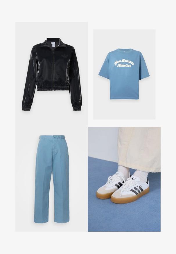 Zwarte glanzende zip-up trainingsjack met elastische mouwen en zoom, met subtiele drie-strepen details op de mouwen en een tonale logo op de borst.; Blauwe katoenen t-shirt met een losse pasvorm, met korte mouwen en een ronde hals. Witte "New Balance Athletics" logo centraal gedrukt.; Lichtblauwe katoenen broek met een recht gesneden ontwerp, voorzien van een knoopsluiting, riemlussen en een subtiele textuur.; Witte sneakers met zwarte strepen en beige suède accenten. Voorzien van een gestructureerde gumzool en platte witte veters, gedragen met lichtgekleurde sokken.