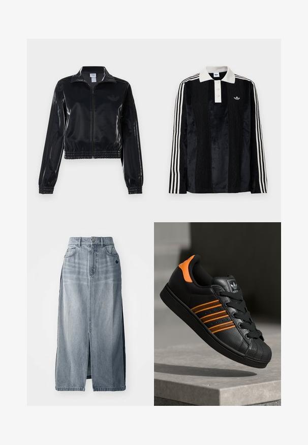 Fekete, fényes, cipzáras sportdzseki elasztikus mandzsettával és aljjal, a mára árnyalatú háromcsíkozás a ujjakon és egy tónusbeli logó a mellkason.; Fekete bársony hosszúujjú pólóing fehér bordás gallérral, három gombbal, texturált elülső résszel és három fehér csíkkal minden ujjon.; Világoskék farmer szoknya elöl hasítékkal, két zsebbel és logó részlettel. Magas derék és egyenes vonalvezetés jellemzi, tartós anyagból készült.; Fekete sportcipő narancssárga részletekkel, három vízszintes csíkkal, texturált bőr felsőrésszel, gumis orral és fekete fűzőkkel.