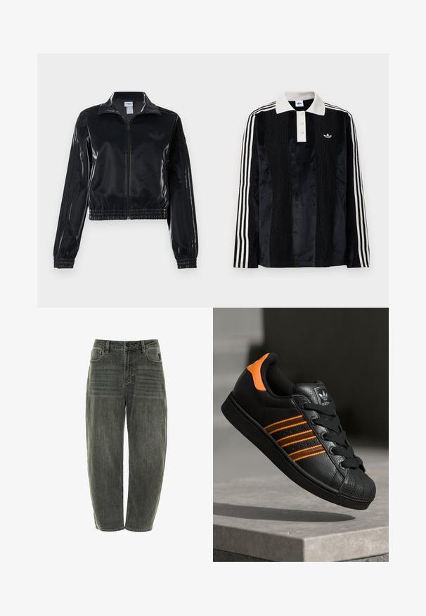 Juodas blizgus zip-up sportinis švarkas su elastinėmis rankovėmis ir apatine dalimi, su subtiliais trimis juostomis ant rankovių ir toniniu logotipu krūtinėje.; Juodas aksominis polo marškinėliai ilgomis rankovėmis su baltu raištiniu apykakle, trimis mygtukais, tekstūruotu priekiu ir trimis baltais dryžiais ant kiekvienos rankovės.; Tamsiai pilki džinsai su laisvu siluetu, turi penkias kišenes, mygtuko užsegimą ir švelnų blukimą priekyje ir gale.; Juodas sportinis batelis su oranžiniais akcentais, trimis horizontaliomis juostelėmis, tekstūruota odinė viršutinė dalis, guminiu nosių dangteliu ir juodomis raišteliais.