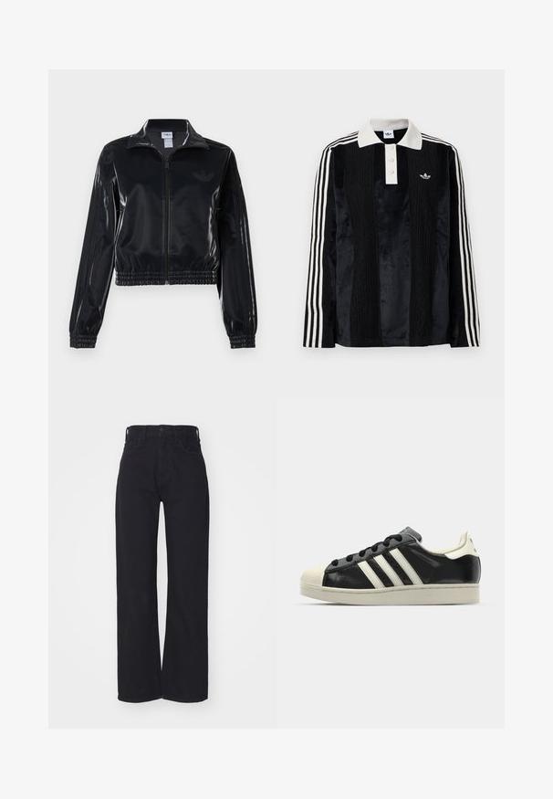 Černá lesklá sportovní bunda na zip s elastickými manžetami a lemem, s jemným trojpruhovým detailem na rukávech a tónovým logem na hrudi.; Černé sametové polo triko s dlouhým rukávem, bílým ribbovaným límcem, třemi knoflíky, strukturovaným předním dílem a třemi bílými pruhy na každém rukávu.; Černé vysoké rozšířené džínsy s předním zapínáním na knoflík a zip, poutek na opasek a dvěma předními kapsami na bílém pozadí.; Černé kožené sneakers s bílými pruhy, gumovou špičkou, černými tkaničkami a krémovou podešví. Hladký povrch s lesklým finišem.