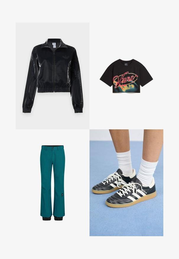 Zwarte glanzende zip-up trainingsjack met elastische mouwen en zoom, met subtiele drie-strepen details op de mouwen en een tonale logo op de borst.; Vans AFITERBURN RELAXED CROP - T-shirt print - black; Teal sneeuwbroeken met een relaxte pasvorm, met een zwarte tailleband en lagere boorden. Het materiaal is duurzaam met een subtiele textuur en een zijlogo.; Zwarte leren sneakers met witte strepen, ronde neus, witte veters en een gumrubberen zool. Versterkt met een gevoerd kraag en merkdetails.