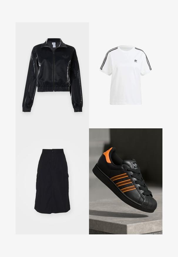 Črna sijajna zip-up trenirka z elastičnimi manšetami in robom, z diskretnimi tridelnimi detajli na rokavih in toniranim logotipom na prsih.; Bela bombažna majica s kratkimi rokavi, okroglo ovratnikom in črnimi vertikalnimi črtami na ramenih, z majhnim črnim logotipom na prsih.; Črna midi krila z elastičnim pasom, sprednjim gumbom in dvema stranskima cargo žepoma. Gladek material s ravnim krojem.; Črne športne copate z oranžnimi akcenti, tremi vodoravnimi črtami, zgornjim delom iz teksturirane usnjene tkanine, gumijastim zaščitnim pokrovom za prste in črnimi vezalkami.
