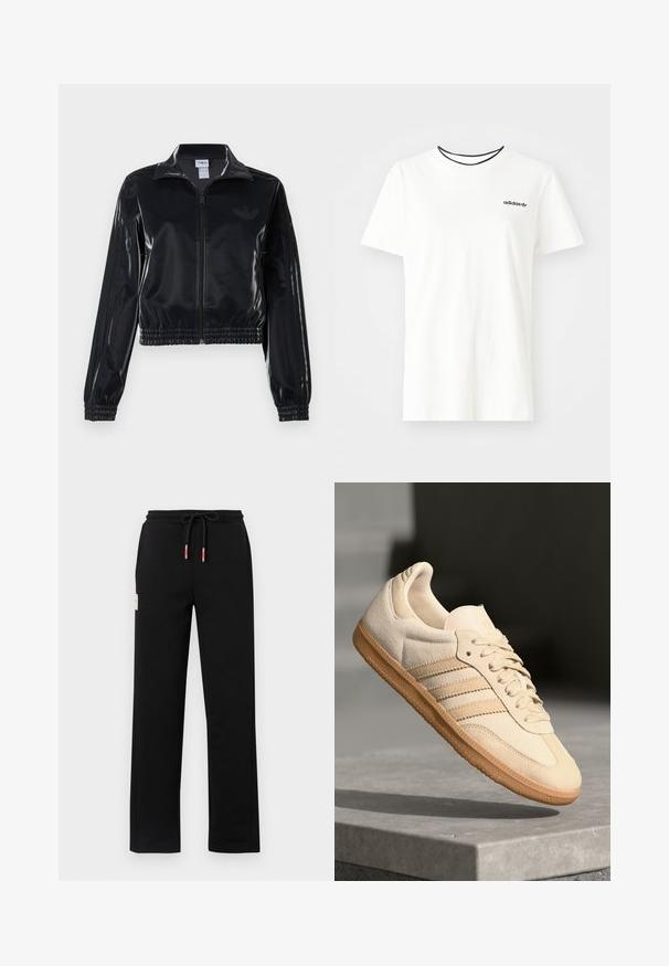 Črna sijajna zip-up trenirka z elastičnimi manšetami in robom, z diskretnimi tridelnimi detajli na rokavih in toniranim logotipom na prsih.; Bela bomba majica iz bombaža s kratkimi rokavi in okroglim izrezom. Ima črni Adidas logotip na prsih ter kontrastni črni notranji ovratnik.; Črne trenirke s elastiko v pasu, opremljene z rdečimi in belimi poudarki, stranskimi žepi in majhno nalepko spredaj. Gladka tekstura.; Svetlo bež semišni športni copat z gumijastim podplatom, trije poševni trakovi in teksturiran zaščitni del. Vsebuje logotip na ježku in strani.