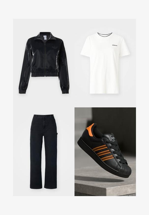 Crna sjajna sportska jakna sa zatvaračem, elastičnim manžetama i donjim rubom, s diskretnim trostrukim detaljima na rukavima i toniranim logotipom na prsima.; Bijela pamučna majica kratkih rukava s okruglim izrezom. Ima crni Adidas logo na prsima i kontrastnu crnu unutrašnju ovratniku.; Crne traperice s ravnim nogavicama, visokog struka, s klasičnim kopčanjem na gumbe i bočnim džepovima.; Crni tenisice s narančastim naglascima, tri horizontalne pruge, teksturirani kožni gornji dio, gumen kapica za prste i crne vezice.