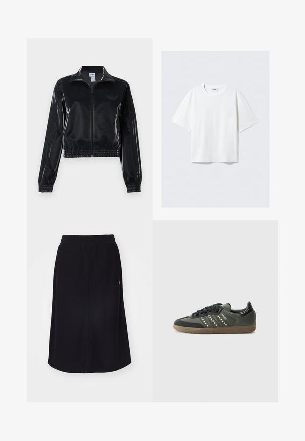 Černá lesklá sportovní bunda na zip s elastickými manžetami a lemem, s jemným trojpruhovým detailem na rukávech a tónovým logem na hrudi.; Bílý krátký rukáv tričko z měkké bavlny, s kulatým výstřihem a volným střihem s rovnym lemem, hladké bez vzorů nebo grafiky.; Černá midi sukně vyrobená z měkké látky, s elastickým pasem a rovného střihu. Obsahuje decentní logo v kontrastní barvě.; adidas Originals SAMBA OG - Tenisky - core black/legend earth/gum