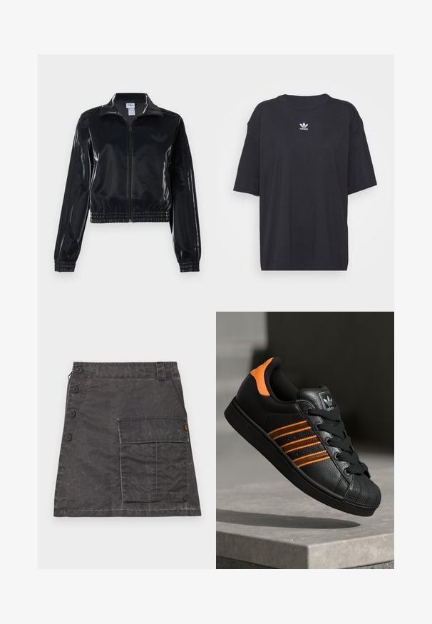 Μαύρο γυαλιστερό ζακέτα με φερμουάρ και ελαστικούς καρπούς και στρίφωμα, με διακριτικές τρεις λωρίδες στα μανίκια και λογότυπο σε τονική απόχρωση στο στήθος.; Μαύρη βαμβακερή μπλούζα με κοντά μανίκια, στρογγυλή λαιμόκοψη, διαθέτει άσπρο λογότυπο Adidas στο στήθος. Απλός σχεδιασμός, χαλαρή εφαρμογή.; Γκρι φούστα φτιαγμένη από υφασμάτινο υλικό με κλείσιμο μπροστά από κουμπιά και πλευρική τσέπη. Διαθέτει μια διακριτική φθαρμένη εμφάνιση και ραμμένη λεπτομέρεια.; Μαύρο αθλητικό παπούτσι με πορτοκαλί λεπτομέρειες, τρεις οριζόντιες ρίγες, δερμάτινο επάνω μέρος με υφή, καπάκι από καουτσούκ στη μύτη και μαύρες κορδόνες.