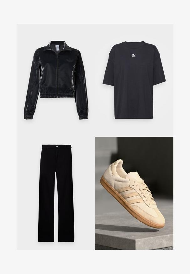 Melna spīdīga zip-up sporta jaka ar elastīgām piedurknēm un apakšmalu, ar smalku trīsrindu detaļu uz piedurknēm un tonālu logotipu uz krūšu daļas.; Melna kokvilnas t-kreklā ar īsām piedurknēm un apaļu kakla izgriezumu, uz krūtīm ir balta Adidas logo. Vienkāršs dizains, brīvs piegriezums.; Melni kokvilnas bikses ar taisnu kāju dizainu, ar priekšu pogu aizdari un bez redzamām rakstām vai akcentiem.; Gaišbeige zamšas sneakeris ar gumijas zoli, trim diagonālām svītrām un teksturētu purngali. Uz mēles un sānos ir redzams logotips.