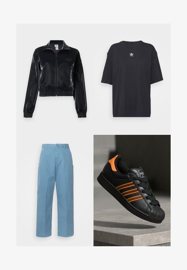 Jachetă sport neagră, lucioasă, cu fermoar, cu manșete și tiv elastic, având detalii subtile cu trei dungi pe mâneci și un logo tonal pe piept.; Tricou din bumbac negru cu mâneci scurte, gât rotund, prezentând un logo Adidas alb pe piept. Design simplu, croi lejer.; Pantaloni din bumbac de culoare bleu deschis, cu un design cu picioare drepte, având închidere cu buton, bucle pentru curea și o textură subtilă.; Adidași negri cu accente portocalii, trei dungi orizontale, parte superioară din piele texturată, capac de cauciuc pentru vârf și șireturi negre.