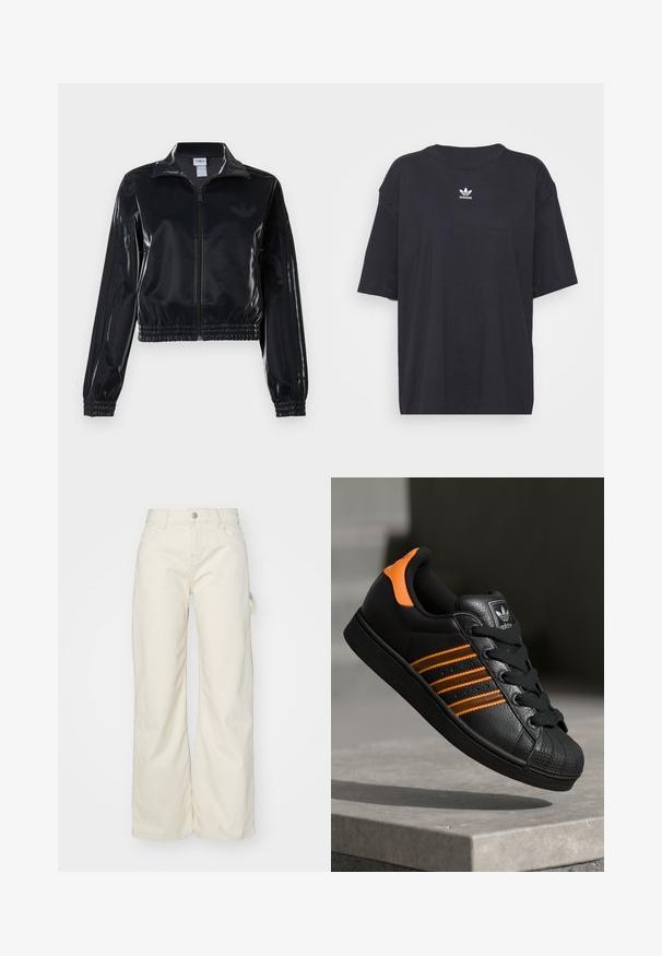 Zwarte glanzende zip-up trainingsjack met elastische mouwen en zoom, met subtiele drie-strepen details op de mouwen en een tonale logo op de borst.; Zwarte katoenen T-shirt met korte mouwen, ronde halslijn, voorzien van een wit Adidas-logo op de borst. Eenvoudig ontwerp, comfortabele pasvorm.; Wijde broek in lichtbeige stof, met een hoge taille, voorzakken en een zijlusdetail voor extra functionaliteit.; Zwarte sneaker met oranje accenten, drie horizontale strepen, bovenwerk van textuurlak, rubberen neuzen en zwarte veters.