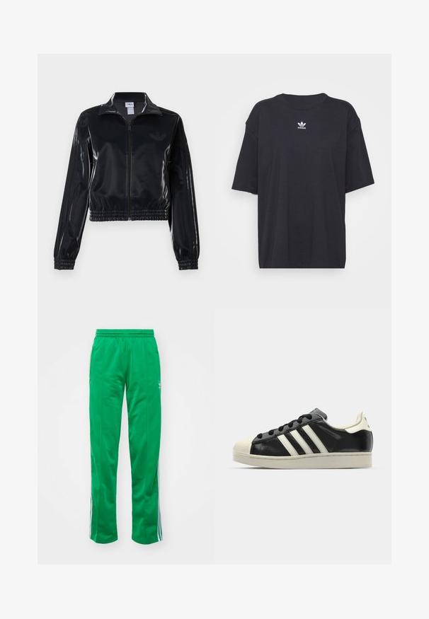 Melna spīdīga zip-up sporta jaka ar elastīgām piedurknēm un apakšmalu, ar smalku trīsrindu detaļu uz piedurknēm un tonālu logotipu uz krūšu daļas.; Melna kokvilnas t-kreklā ar īsām piedurknēm un apaļu kakla izgriezumu, uz krūtīm ir balta Adidas logo. Vienkāršs dizains, brīvs piegriezums.; Zaļi sporta bikses, izgatavotas no gludas materiāla; tām ir elastīga jostasvieta un baltas svītras sānos.; Melna ādas sporta apava ar baltām svītrām, gumijas purngala aizsardzību, melnām auklām un krēma krāsas zoli. Gluda tekstūra ar spīdīgu apdari.