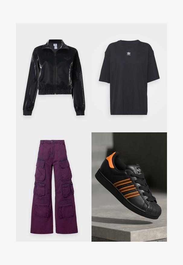 Juodas blizgus zip-up sportinis švarkas su elastinėmis rankovėmis ir apatine dalimi, su subtiliais trimis juostomis ant rankovių ir toniniu logotipu krūtinėje.; Juodas medvilnės marškinėliai trumpomis rankovėmis, apvaliu iškirpimu, su baltu Adidas logo ant krūtinės. Paprastas dizainas, laisvas kirpimas.; Violetinės cargo kelnės su plačiomis kojomis, turinčios kelis priekinės ir šonines kišenes, kontrastingą siuvinėjimą ir mygtuko užsegimą ties juosmeniu.; Juodas sportinis batelis su oranžiniais akcentais, trimis horizontaliomis juostelėmis, tekstūruota odinė viršutinė dalis, guminiu nosių dangteliu ir juodomis raišteliais.