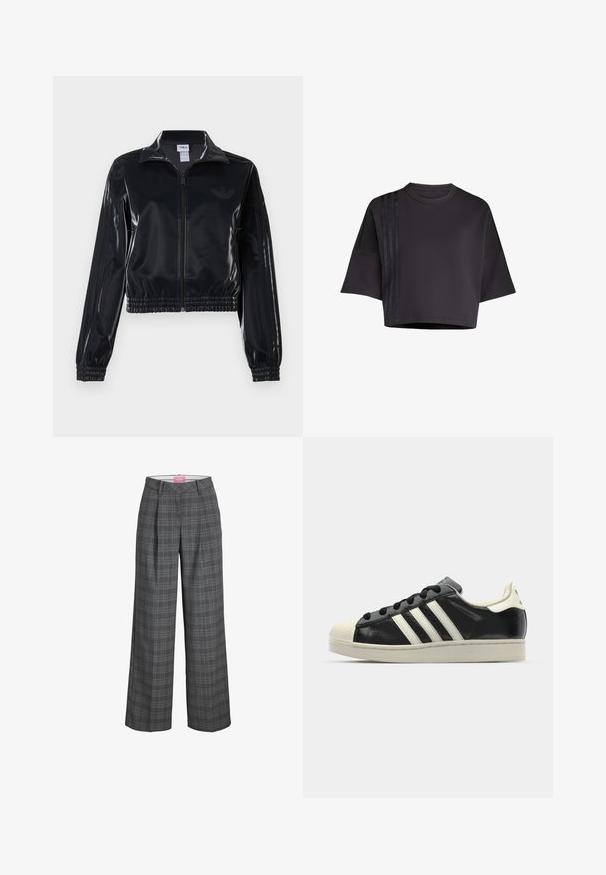 Čierna lesklá zipsová športová bunda s elastickými manžetami a spodným lemom, ktorá má jemné trojpruhové detaily na rukávoch a tonálny logotyp na hrudi.; Čierne skrátené tričko s okrúhlym výstrihom a voľnými krátkymi rukávmi, so vertikálnymi saténovými pásikmi na ľavej strane. Hladká textúra.; Sivé kockované nohavice s širokými nohavicami a vysokým pásom, s prednými plisovaním a hladkou textúrou. Etiketa viditeľná vo vnútri pásu.; Čierne kožené tenisky s bielymi pruhmi, gumenou špičkou, čiernymi šnúrkami a krémovobielou podrážkou. Hladký povrch s lesklým finišom.