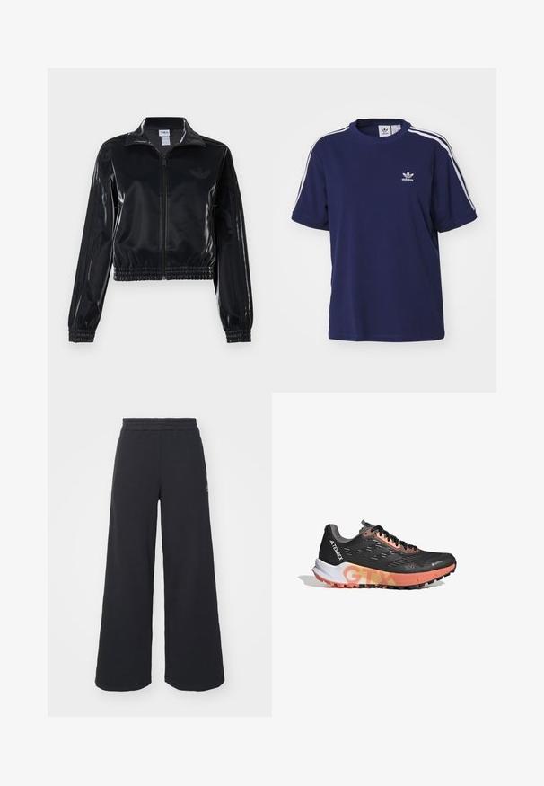Veste de survêtement noire brillante à fermeture éclair, avec des poignets et un ourlet élastiques, arborant de subtils détails à trois rayures sur les manches et un logo ton sur ton sur le torse.; adidas Originals 3 STRIPE - T-shirt imprimé - dark blue; Pantalons de survêtement larges noirs en tissu doux, dotés d'une taille élastique et d'un petit logo sur le côté gauche.; Chaussure de course noire avec tige en Gore-Tex, accents roses, semelle extérieure texturée et branding distinctif. Conception légère pour des performances en plein air.