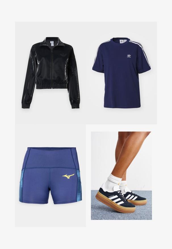 Zwarte glanzende zip-up trainingsjack met elastische mouwen en zoom, met subtiele drie-strepen details op de mouwen en een tonale logo op de borst.; adidas Originals 3 STRIPE - T-shirt print - dark blue; Marineblauwe sportshorts met een gestructureerde blauwe accent aan de zijkanten, voorzien van een gele logo. Gemaakt van rekbare, vochtregulerende stof.; Zwarte suède sneakers met witte strepen en accenten, ronde neus, gum rubberen buitenzool, gecombineerd met witte geribbelde crewkousen.
