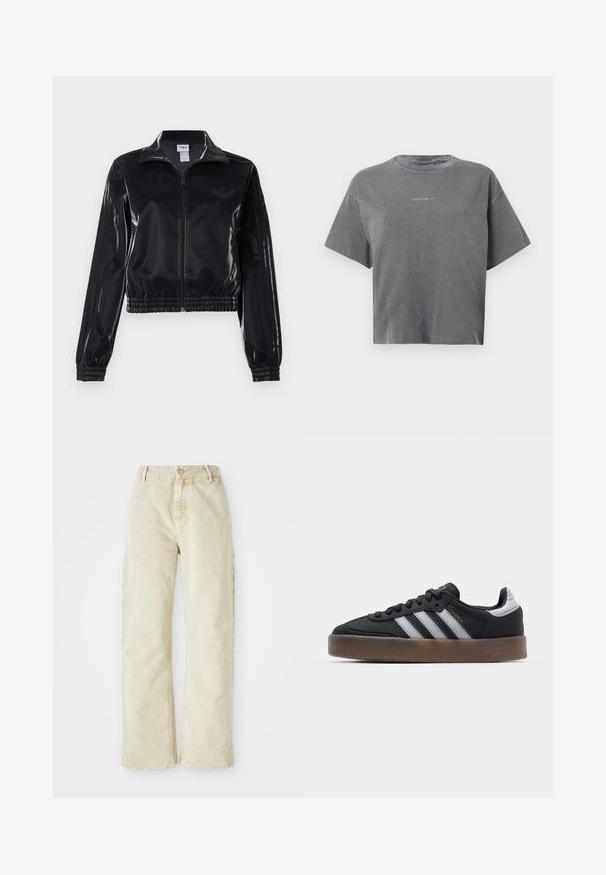 Juodas blizgus zip-up sportinis švarkas su elastinėmis rankovėmis ir apatine dalimi, su subtiliais trimis juostomis ant rankovių ir toniniu logotipu krūtinėje.; Pilkos spalvos trumpomis rankovėmis apkarpytas T-shirt su apvalia kaklo iškirpte ir mažuoju baltu "carhartt" logotipu centrinėje dalyje.; Šviesiai smėlio spalvos plačios džinsinės kelnės su aukštu liemeniu, turinčios priekinį užtrauktuką ir mygtuką, diržo kilpos ir šonines kišenes. Minkšta tekstūra.; Juodi sportbačiai su elegantišku dizainu, turintys tris baltas juosteles, juodą liežuvėlį ir tekstūruotą rudą gumos padas. Auksinės rašybos akcentai.