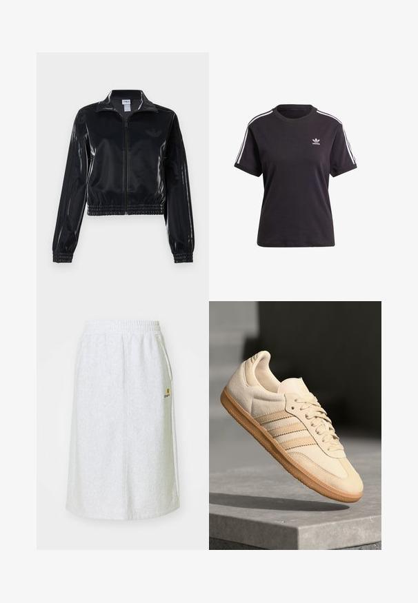 Must tume läikiv tõmblukuga spordijakk elastsete ääriste ja hemiga, millel on varrukatel peened kolmerealised detailid ja toon-on-tone logo rinnal.; Must kõrge kaelusega must puuvillane T-särk lühikeste varrukatega, millel on valged triibud õlgadel ja väike valge Adidas'i logo rinna peal.; Heledad hall gray dress, millel on elastne vöökoht, küljetaskud ja väike kuldne logo ees. Pehme, tekstureeritud kangas.; Hele beeži sueded spordijalatsid, millel on kummist välistald, kolm diagonaalset triipu ja tekstuuriga varvaste katus. Omab logo keelel ja külgedel.