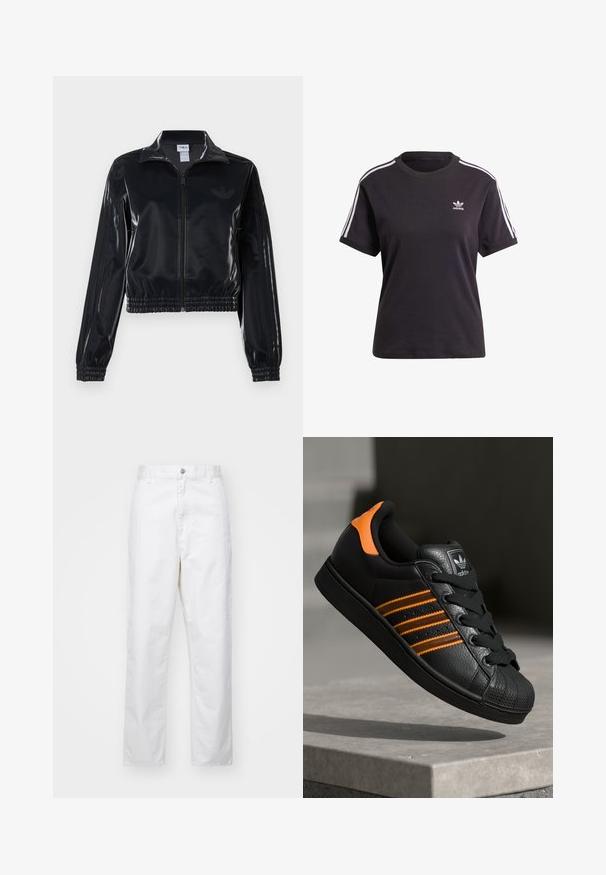 Melna spīdīga zip-up sporta jaka ar elastīgām piedurknēm un apakšmalu, ar smalku trīsrindu detaļu uz piedurknēm un tonālu logotipu uz krūšu daļas.; Melna kokvilnas t-krekls ar īsām piedurknēm un apaļu kakla izgriezumu, ar baltām svītrām uz pleciem un mazu baltu Adidas logo uz krūtīm.; Baltas kokvilnas bikses ar taisnu piegriezumu, ar priekšējo pogu aizdari, jostu cilpām un sānu kabatām. Gluda tekstūra, nav rakstu.; Melnas kedas ar oranžiem akcentiem, trīs horizontālas svītras, teksturēts ādas augšdaļa, gumijas purngala daļa un melnas auklas.