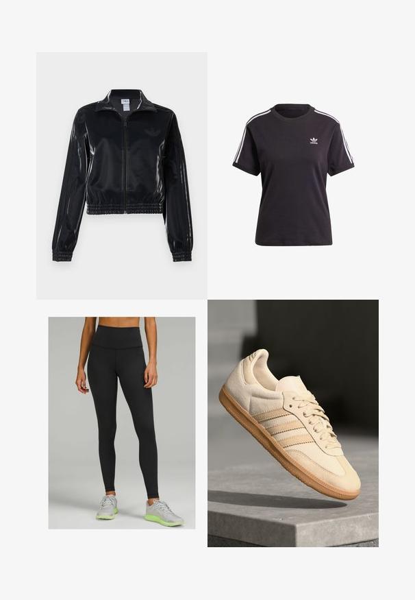 Fekete, fényes, cipzáras sportdzseki elasztikus mandzsettával és aljjal, a mára árnyalatú háromcsíkozás a ujjakon és egy tónusbeli logó a mellkason.; Fekete pamut, rövid ujjú póló kerek nyakkal, fehér csíkokkal a vállakon és egy kis fehér Adidas logóval a mellkasán.; Felső derékig érő fekete leggings rugalmas anyagból, sima textúrával és testhez simuló kialakítással. Világosszürke sportcipőkkel viselve.; Világos bézs velúr sportcipő, gumitalppal, három átlós csíkkal és texturált orral. A díszítés a nyelven és az oldalon található.