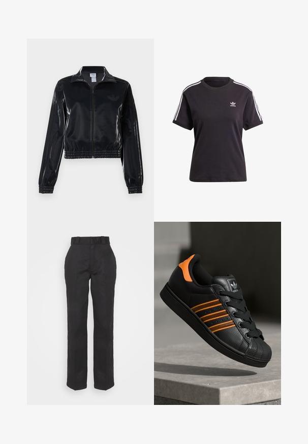 Črna sijajna zip-up trenirka z elastičnimi manšetami in robom, z diskretnimi tridelnimi detajli na rokavih in toniranim logotipom na prsih.; Črna bombažna kratkotrajna majica s kratkimi rokavi in okroglim izrezom, ki ima bele črte na ramenih in majhno belo Adidasovo logo na prsih.; Črne hlače z gladko teksturo, ravno krojenim dizajnom in pasom s pasom. Imajo preprost, klasičen silhuet brez dodatnih vzorcev.; Črne športne copate z oranžnimi akcenti, tremi vodoravnimi črtami, zgornjim delom iz teksturirane usnjene tkanine, gumijastim zaščitnim pokrovom za prste in črnimi vezalkami.