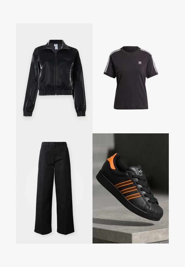 Svart, glinsende zip-up treningsjakke med elastiske mansjetter og nederkant, med subtile tre-stripes detaljer på ermene og en tonet logo på brystet.; Svart bomull T-skjorte med kort erme og rund hals, med hvite striper på skuldrene og en liten hvit Adidas-logo på brystet.; Svart vide bukser laget av myk bomullsstoff. Har en klassisk midje, sidelommer og en rett kutt til kanten.; Svart sneaker med oransje detaljer, tre horisontale striper, teksturert skinnoverdel, gummitå, og svarte lisser.