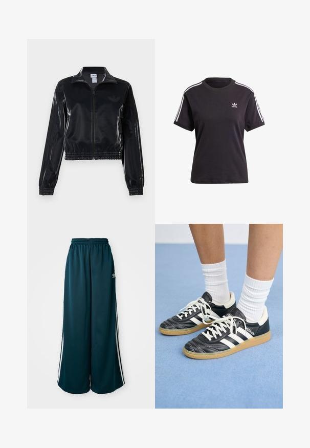 Melna spīdīga zip-up sporta jaka ar elastīgām piedurknēm un apakšmalu, ar smalku trīsrindu detaļu uz piedurknēm un tonālu logotipu uz krūšu daļas.; Melna kokvilnas t-krekls ar īsām piedurknēm un apaļu kakla izgriezumu, ar baltām svītrām uz pleciem un mazu baltu Adidas logo uz krūtīm.; Tirkīza krāsas plaša kāju sporta bikses ar elastīgu jostu, kurām pa malām ir trīs baltas svītras un kreisajā pusē ir Adidas logotips.; Melnas ādas sporta apavus ar baltām svītrām, apaļu purngalu, baltām auklām un gumijas zoli. Izceļas ar mīksto apkakli un zīmola detaļām.