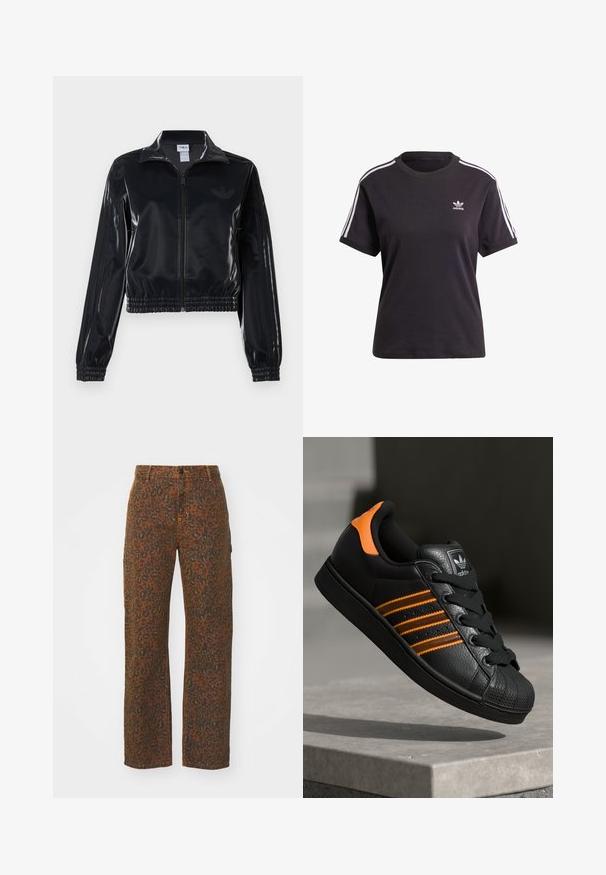 Chaqueta de chándal negra y brillante con cremallera, puños y dobladillo elásticos, que presenta un sutil detalle de tres rayas en las mangas y un logotipo tono sobre tono en el pecho.; Camiseta de algodón negra de manga corta con cuello redondo, que presenta rayas blancas en los hombros y un pequeño logo blanco de Adidas en el pecho.; Carhartt WIP LEO PIERCE PANT STRAIGHT - Pantalones - brown; Zapatilla negra con acentos naranjas, tres franjas horizontales, parte superior de cuero texturizado, punta de goma y cordones negros.