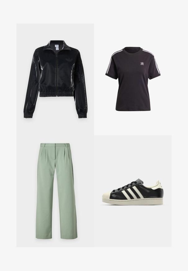 Veste de survêtement noire brillante à fermeture éclair, avec des poignets et un ourlet élastiques, arborant de subtils détails à trois rayures sur les manches et un logo ton sur ton sur le torse.; T-shirt noir en coton à manches courtes avec col rond, comportant des rayures blanches sur les épaules et un petit logo Adidas blanc sur la poitrine.; Pantalons ajustés verts en tissu lisse. Présentent une coupe droite, des plis à l'avant et des poches latérales.; Baskets en cuir noir avec des rayures blanches, embout en caoutchouc, lacets noirs et semelle extérieure crème. Texture lisse avec une finition brillante.