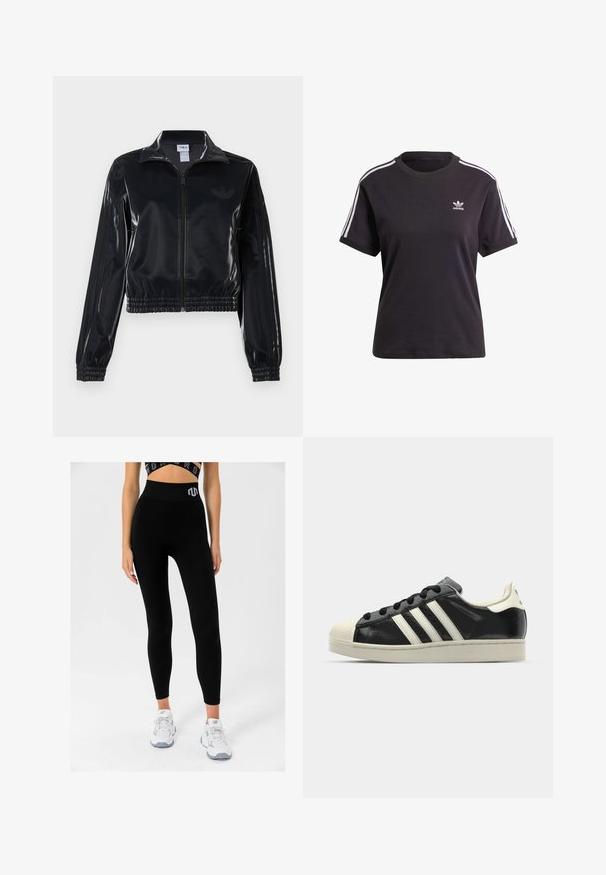 Juodas blizgus zip-up sportinis švarkas su elastinėmis rankovėmis ir apatine dalimi, su subtiliais trimis juostomis ant rankovių ir toniniu logotipu krūtinėje.; Juodas medvilninis trumpa rankovėmis marškinėliai su apvalia iškirpte, su baltais dryžiais ant pečių ir maža balta Adidas logo ant krūtinės.; Juodos riešutotos leggingai su aukštu juosmeniu, ant kurio yra logotipas, derinami su baltais sportiniais batais, pabrėžiantys prigludusį dizainą ir minkštą tekstūrą.; Juodi odiniai sportiniai bateliai su baltais dryžiais, guminis toe kapas, juodi raišteliai ir kreminis padas. Lygus pavirčius su blizgiu finišu.
