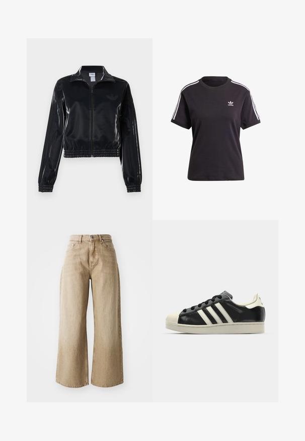 Melna spīdīga zip-up sporta jaka ar elastīgām piedurknēm un apakšmalu, ar smalku trīsrindu detaļu uz piedurknēm un tonālu logotipu uz krūšu daļas.; Melna kokvilnas t-krekls ar īsām piedurknēm un apaļu kakla izgriezumu, ar baltām svītrām uz pleciem un mazu baltu Adidas logo uz krūtīm.; Edwin OLIVIA PANT - Džinsi ar platām starām - beige; Melna ādas sporta apava ar baltām svītrām, gumijas purngala aizsardzību, melnām auklām un krēma krāsas zoli. Gluda tekstūra ar spīdīgu apdari.