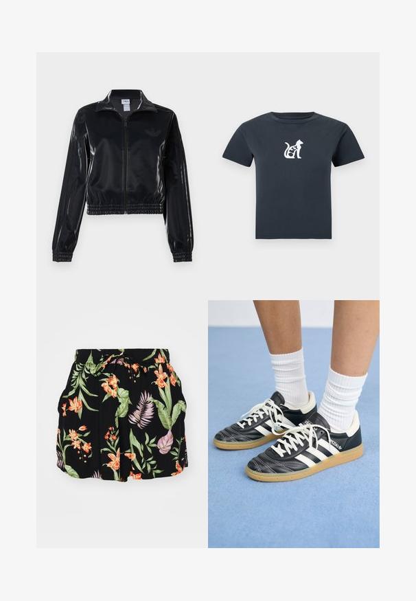 Chaqueta de chándal negra y brillante con cremallera, puños y dobladillo elásticos, que presenta un sutil detalle de tres rayas en las mangas y un logotipo tono sobre tono en el pecho.; Camiseta de manga corta gris oscuro con un pequeño gráfico de un gato blanco y la palabra "OLEY" integrada en el cuerpo del gato en el pecho.; Pantalones cortos negros con un colorido patrón floral que incluye elementos en naranja y verde, cintura elástica con cordón ajustable y bolsillos laterales.; Zapatillas de cuero negro con rayas blancas, punta redonda, cordones blancos y suela de goma. Destacan por su cuello acolchado y detalles de marca.