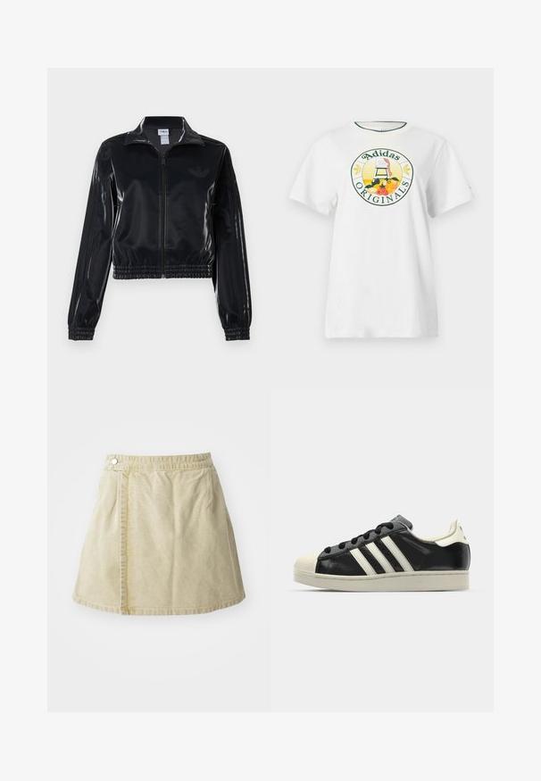 Črna sijajna zip-up trenirka z elastičnimi manšetami in robom, z diskretnimi tridelnimi detajli na rokavih in toniranim logotipom na prsih.; Bela bomba majica s kratkimi rokavi, ki ima okroglo grafično oznako v zeleni in rumeni barvi, na kateri je napis "Adidas Originals" in vzorci sadja.; Khaki mini krilo iz mehkega blaga, z bočnim gumbom, gladko teksturo in rahlo razširjeno silhueto z robom nad kolenom.; Črne usnjene superge z belimi črtami, gumijastim pokrovom za prste, črnimi vezalkami in kremasto obrobo podplata. Gladka tekstura z sijočim zaključkom.