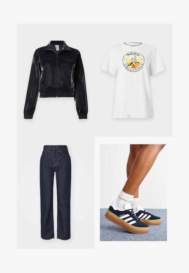 Črna sijajna zip-up trenirka z elastičnimi manšetami in robom, z diskretnimi tridelnimi detajli na rokavih in toniranim logotipom na prsih.; Bela bomba majica s kratkimi rokavi, ki ima okroglo grafično oznako v zeleni in rumeni barvi, na kateri je napis "Adidas Originals" in vzorci sadja.; Temno modri traperji visoke lege z ravnim krojem, vidnim šivanjem, petimi žepi in sprednjim zapiranjem na gumbe.; Črni antilop superge z belimi črtami in poudarki, okrogel prst, gumijasti podplat, kombinirane z belimi rebrastimi nogavicami.