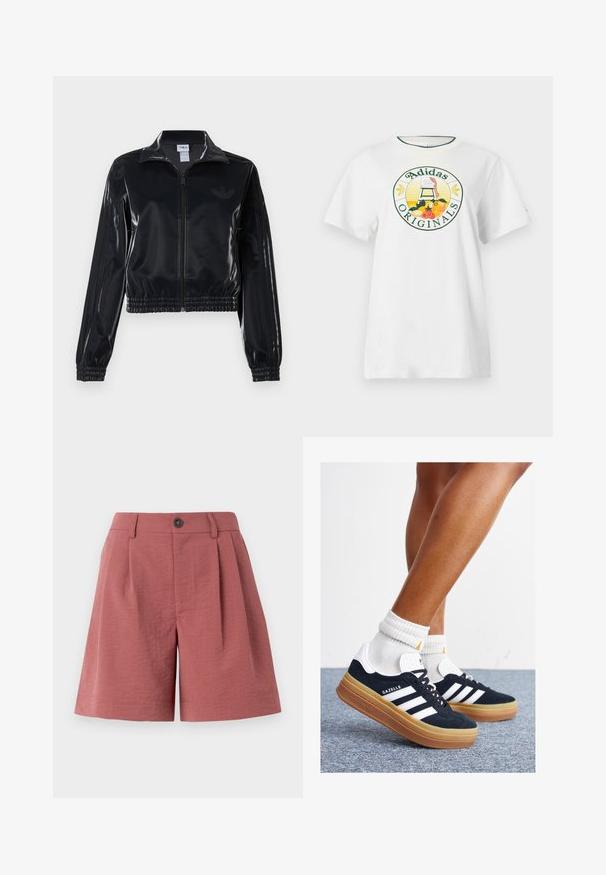 Juodas blizgus zip-up sportinis švarkas su elastinėmis rankovėmis ir apatine dalimi, su subtiliais trimis juostomis ant rankovių ir toniniu logotipu krūtinėje.; Balta medvilnė marškinėliai trumpomis rankovėmis, su apvaliu grafiniu logotipu žaliai ir geltonai, kuriame yra užrašas "Adidas Originals" ir vaisių dizainai.; Raudoni tekstūruoti šortai su mygtuko uždarymu, priekyje su klostėmis ir tiesiu kirpimu, skirti laisvalaikiui.; Juodi zomšiniai sportbačiai su baltais dryžiais ir akcentais, apvalios nosies, guminio, gumos pado, derinami su baltais raitytais vidutinio ilgio kojinaitėmis.