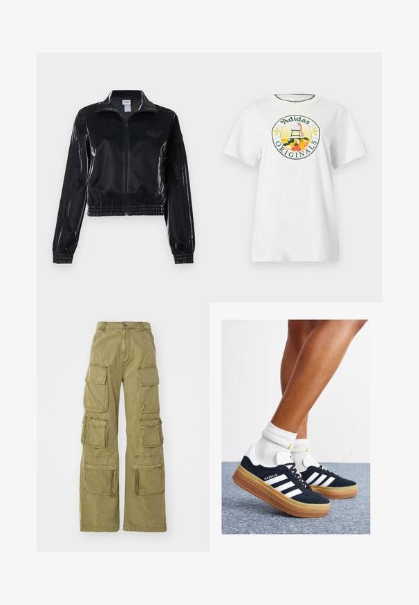 Veste de survêtement noire brillante à fermeture éclair, avec des poignets et un ourlet élastiques, arborant de subtils détails à trois rayures sur les manches et un logo ton sur ton sur le torse.; T-shirt en coton blanc à manches courtes, avec un logo graphique rond en vert et jaune, affichant "Adidas Originals" et des motifs de fruits.; Pantalons cargo en khaki à coupe ample, dotés de plusieurs grandes poches utilitaires, de coutures décoratives et d'une braguette boutonnée. Tissu en coton résistant.; Baskets en daim noir avec des rayures et des accents blancs, bout arrondi, semelle extérieure en caoutchouc gomme, associées à des chaussettes blanches côtelées mi-mollet.