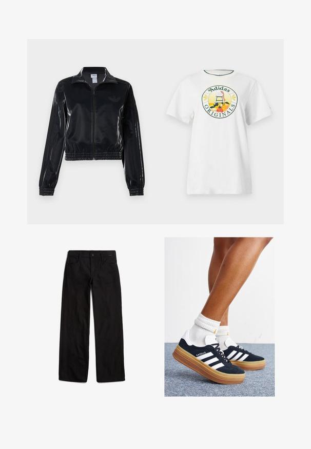 Črna sijajna zip-up trenirka z elastičnimi manšetami in robom, z diskretnimi tridelnimi detajli na rokavih in toniranim logotipom na prsih.; Bela bomba majica s kratkimi rokavi, ki ima okroglo grafično oznako v zeleni in rumeni barvi, na kateri je napis "Adidas Originals" in vzorci sadja.; Črne usnjene hlače s ravnim krojem, sprednjim gumbom in dizajnom s petimi žepi. Gladka tekstura in minimalne šivane podrobnosti.; Črni antilop superge z belimi črtami in poudarki, okrogel prst, gumijasti podplat, kombinirane z belimi rebrastimi nogavicami.