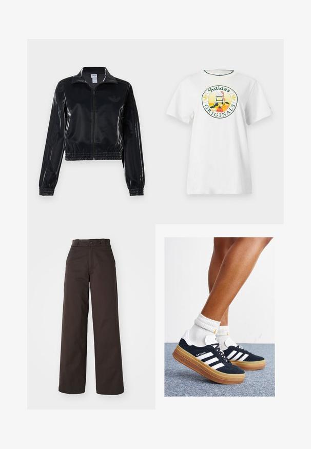 Črna sijajna zip-up trenirka z elastičnimi manšetami in robom, z diskretnimi tridelnimi detajli na rokavih in toniranim logotipom na prsih.; Bela bomba majica s kratkimi rokavi, ki ima okroglo grafično oznako v zeleni in rumeni barvi, na kateri je napis "Adidas Originals" in vzorci sadja.; Rjave hlače širokih nogavic z gumbom in žepi za pas, izdelane iz trpežnega blaga, z gladko teksturo in čistimi linijami.; Črni antilop superge z belimi črtami in poudarki, okrogel prst, gumijasti podplat, kombinirane z belimi rebrastimi nogavicami.