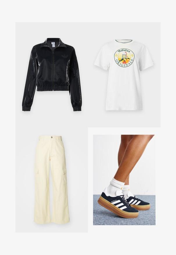 Fekete, fényes, cipzáras sportdzseki elasztikus mandzsettával és aljjal, a mára árnyalatú háromcsíkozás a ujjakon és egy tónusbeli logó a mellkason.; Fehér pamut póló rövid ujjakkal, kerek grafikus logóval zöld és sárga színben, amelyen az "Adidas Originals" felirat és gyümölcs minták láthatók.; Világos sárga, pamut, bő szabású cargo nadrág. Két oldalzseb és gombos zárás jellemzi. Simább textúrájú, laza illeszkedésű.; Fekete velúr sportcipő fehér csíkokkal és díszítésekkel, lekerekített orral, gumitalpú külső résszel, fehér bordázott bokazoknival párosítva.