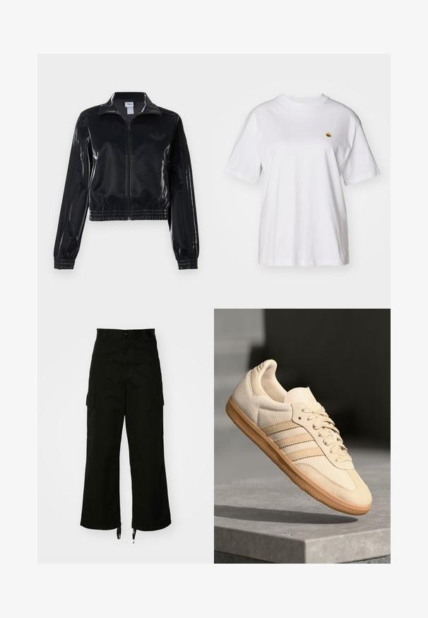 Čierna lesklá zipsová športová bunda s elastickými manžetami a spodným lemom, ktorá má jemné trojpruhové detaily na rukávoch a tonálny logotyp na hrudi.; Biely bavlnený tričko s voľným strihom, krátkymi rukávmi a malým vyšitým logom na ľavej strane hrude.; Čierne cargo nohavice vyrobené z bavlny, s širokými nohavicami, bočnými vreckami a sťahovacími lemami. Dizajn zahŕňa gombíkový uzáver v páse.; Svetlo béžová semišová teniska s gumovou podrážkou, tromi diagonálnymi pruhmi a textúrovaným špičkovým krytom. Obsahuje logo na jazyku a boku.