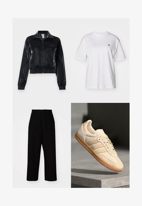 Črna sijajna zip-up trenirka z elastičnimi manšetami in robom, z diskretnimi tridelnimi detajli na rokavih in toniranim logotipom na prsih.; Bela bombažna majica s sproščenim krojem, kratkimi rokavi in majhnim vezenim logotipom na levi strani prsnega predela.; Črne hlače iz trpežne bombažne tkanine. Imajo ravno nogavico, zanke za pas, gumbasto zapiranje in čist rob.; Svetlo bež semišni športni copat z gumijastim podplatom, trije poševni trakovi in teksturiran zaščitni del. Vsebuje logotip na ježku in strani.