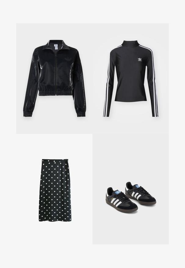 Zwarte glanzende zip-up trainingsjack met elastische mouwen en zoom, met subtiele drie-strepen details op de mouwen en een tonale logo op de borst.; Zwart lange mouw top met een hoge kraag, gemaakt van gladdig materiaal. Heeft witte zijstrepen en een klein wit logo op de borst.; Next PETITE FIT - Maxirok - polka dot; Zwarte sneakers met een bovenwerk van suède en synthetisch materiaal, voorzien van drie witte strepen, een gestructureerde rubberen zool en een blauw logo-label op de tong.